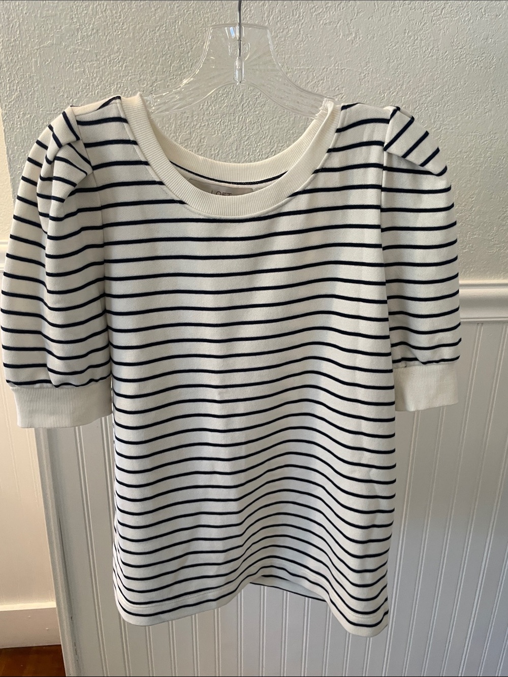 LOFT Striped Puff Sleeve Short Sleeve Knit Top in Navy & White